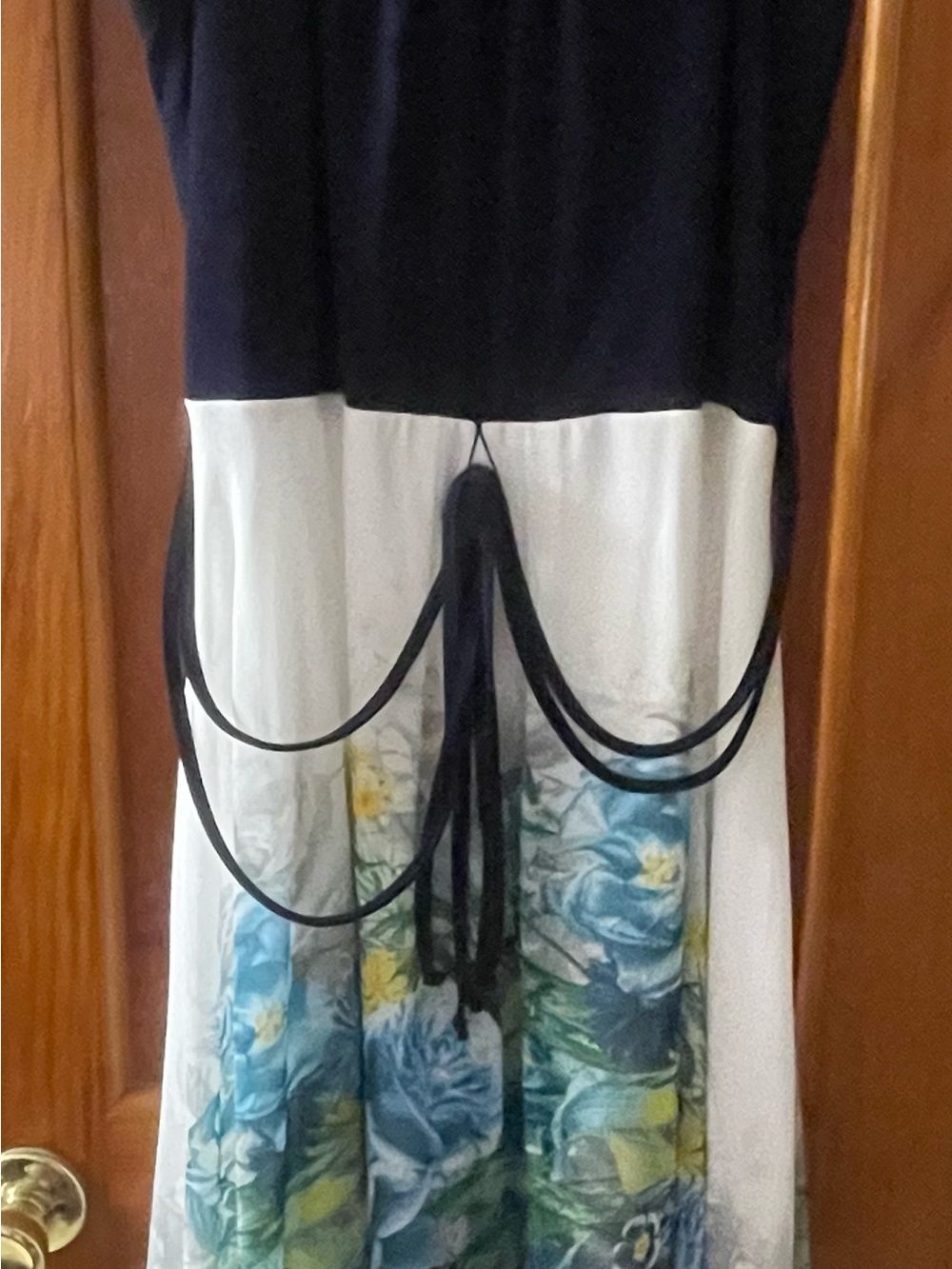 SLNY Navy, White and Blue Floral Asymmetrical Dress